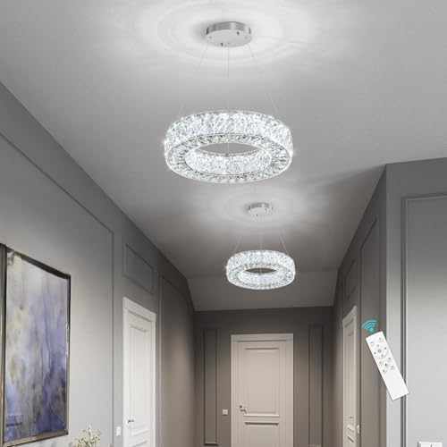 Modern Chandelier for Dining Room Dimmable LED Pendant Lights for Kitchen Island Lighting Silver Ring Crystal Chandeliers for Bedroom Entrance Living Room