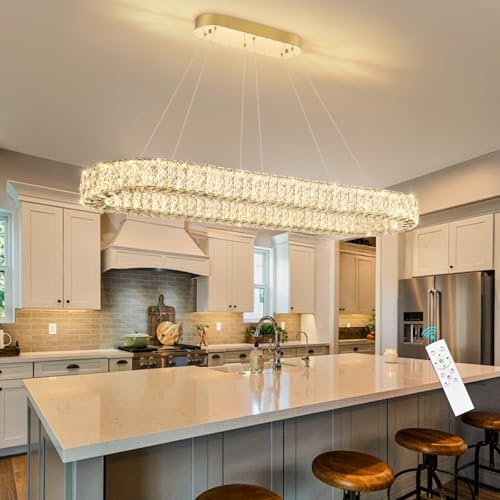 Modern Oval Chandelier Rectangular K9 Crystal Chandeliers for Dining Room Dimmable LED Light Fixture with Remote for Living Room Kitchen Light Gold
