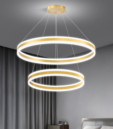 D23.6''+31.5'' Modern Ring Chandelier for Dining Room LED Dimmable Pendant Lighting High Ceiling Chandelier for Living Room Foyer Bedroom Entryway 3000K