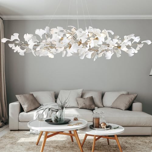 59 Inch Modern Rectangle Chandelier Ceramic Ginkgo Leaf Chandeliers Large Brass Chandeliers White Chandelier for Dining Room Living Room