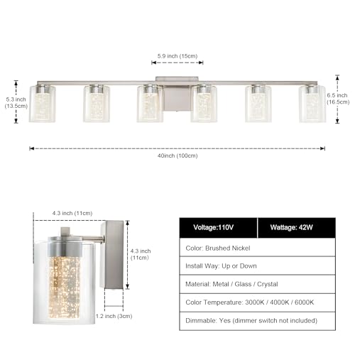 6 Light Brushed Nickel Vanity Light with 3 Color Modes