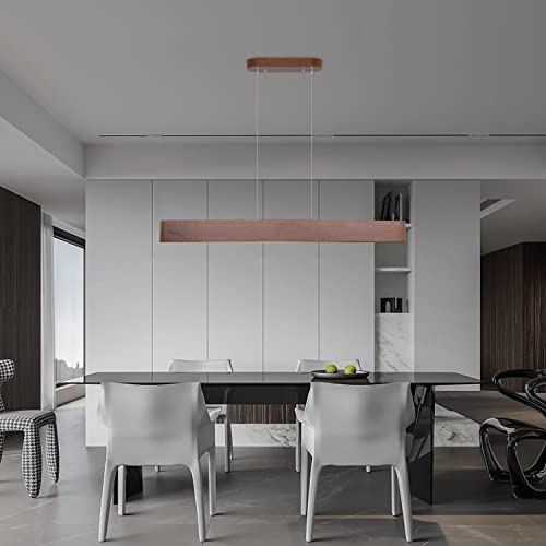 39.4" Wood Linear Pendant Light 24w Led Dimmable Dining Room Light Wood Kitchen Island Pendant Hanging Light for Kitchen Island Office Lights Walnut Color