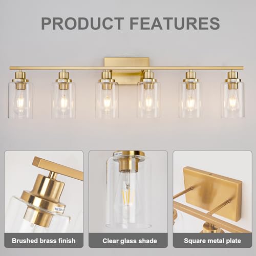 6 Light Gold Bathroom Light Fixtures Brushed Brass Vanity Light Over Mirror Modern Wall Lighting Sconces Wall Lamp for Bathroom