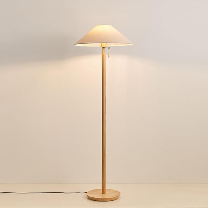 Wabi-sabi 59.1" Wooden Floor Lamp Linen Floor Lamp E26 Dimmable Tall Lamp with Zipper Switch Fabric Standing Light for Sofa Area Living Room Bedroom Study Tea Room