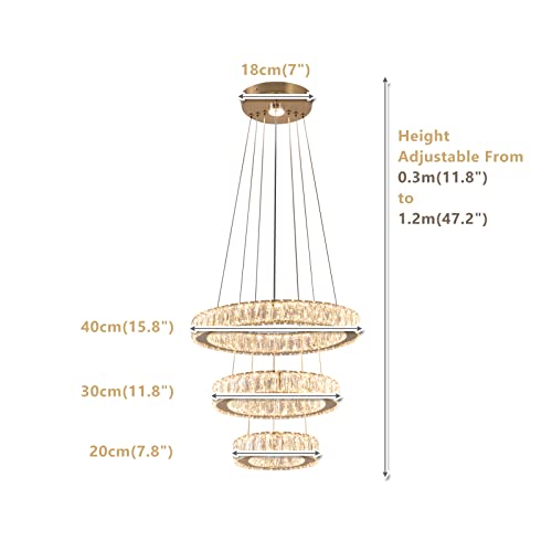 3 Ring LED Chandelier Modern Crystal Chandeliers LED Pendant Lights Gold Ring Chandelier for Bedroom Dining Room High Ceiling Foyer
