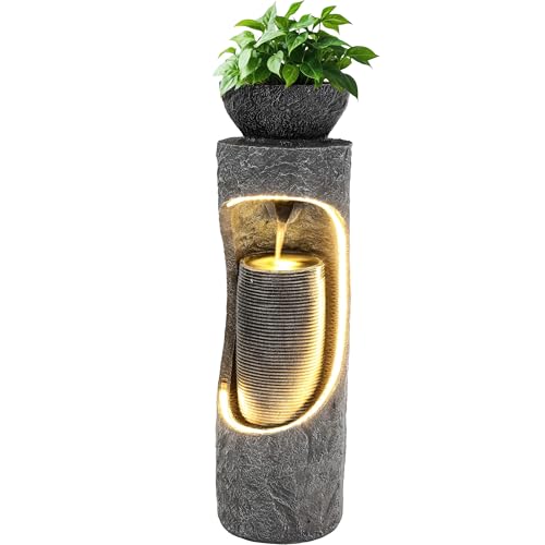 40" Outdoor Water Fountain with Birdfeeder and Innovative LED Strip