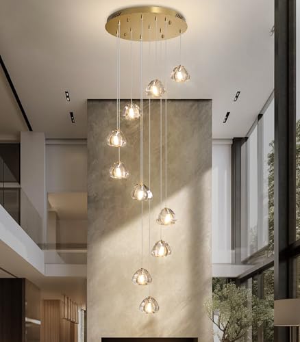 Glam Chandelier with LED Dimmable Bulbs Bubble Crystal Balls Glam Chandeliers High Ceiling Pendants Light Fixtures Adjustable Long Lights Gold Light
