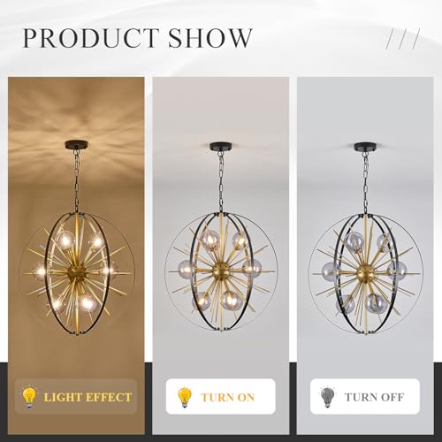 24" 9 Light Black Gold Sputnik Chandeliers with Smoke Glass Shade