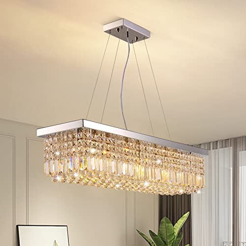 Rectangle K9 Crystal Chandelier Modern Rectangular Pendant Light Fixture for Dining Room Kitchen Island Chrome L40 x W10 x H10