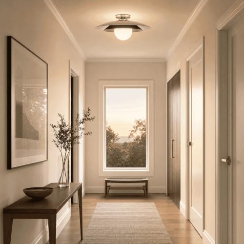6-5564-1-11 Sherrer Mid-Century Modern White Opal Glass Semi-Flush, 1-Light 60 Watt, 9" H x 20" W, Chrome