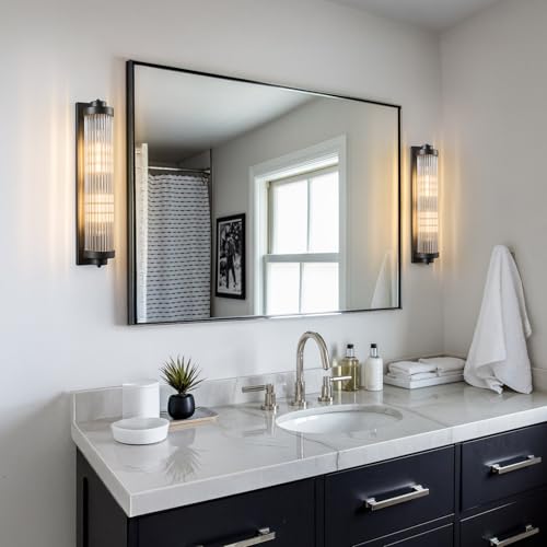 Black Wall Sconces Set of Two with Crystal Glass Strip Bathroom Sconces 2 Light E12 Base Modern Wall Lights for Bedroom Living Room Hallway Wall Light Fixtures
