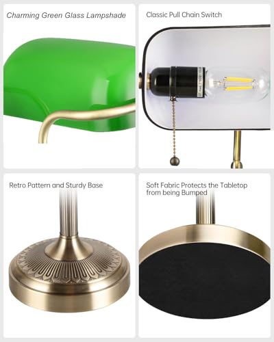 Green Glass Bankers Desk Lamp with Pull Chain Switch Plug in