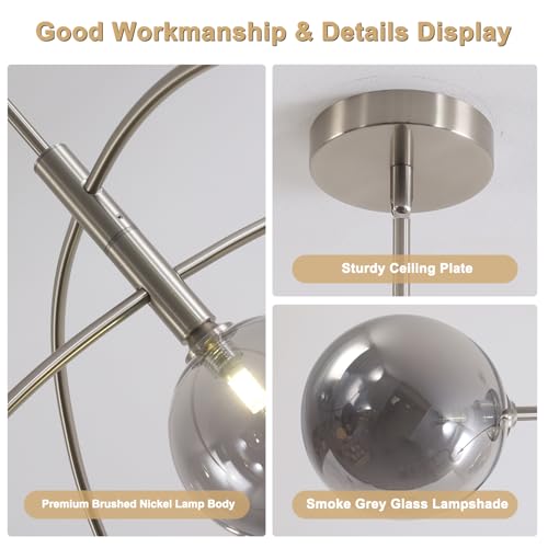 Modern Silver Chandelier 5 Light Smoke Gray Semi Flush Mount Chandelier Vintage Industrial Ceiling Light for Dining Room Kitchen Bedroom Hallway