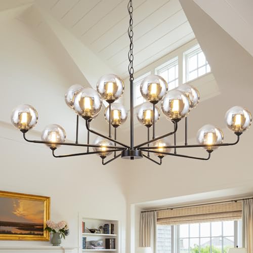 Large Chandeliers for High Ceilings 47.2IN Large Dining Room Chandelier with Smoky Gray Glass Globe Modern Black Chandeliers for Dining Room Large Chandelier Light Fixture for Entryway Living Room