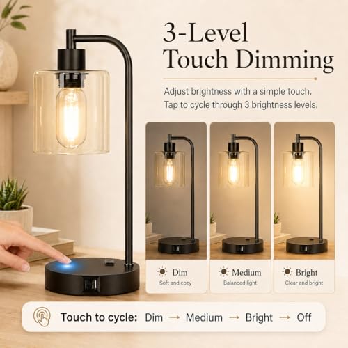Set of 2 Industrial Touch Control Table Lamps with USB C+A Ports and AC Outlet (2 Count)