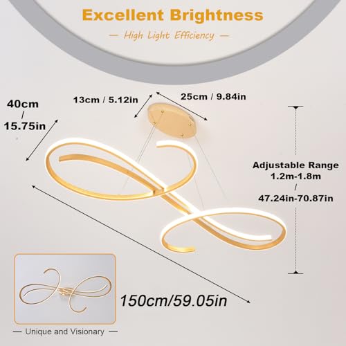 59.05" Gold Led Chandelier for Dining Room Dimmable Modern LED Pendant Chandelier with Remote Control