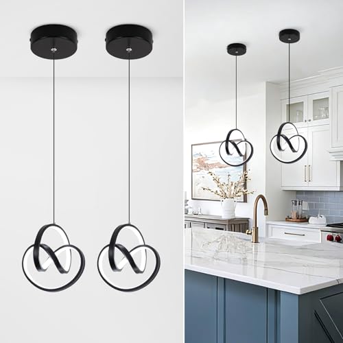 Modern LED Pendant Light Fixtures 4000K Pendant Lights Kitchen Island Lighting Adjustable Height Black Hanging Lamp for Dining Room Bedroom Living Room (2 Count)