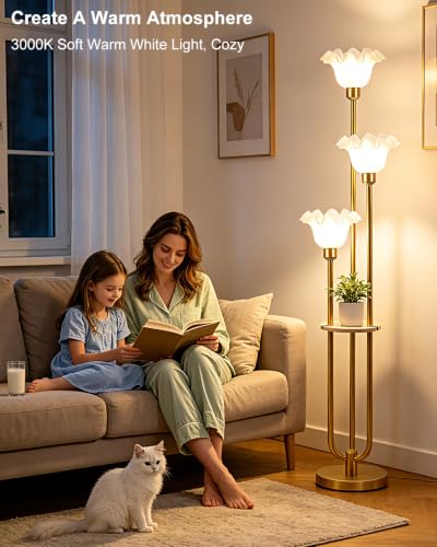 Flower Floor Lamp for Living Room Dimmable Vintage Floor Lamp with Shelf& Bulbs Included Mid Century Gold Floral Standing Tall Lamp for Bedroom (3 Count)