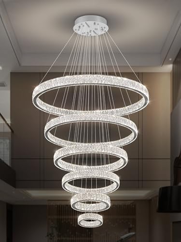 Extra Large 6 Ring Crystal Chandelier Modern LED Long Crystal Chandelier for High Ceiling Height Adjustable D8+15.7"+23.6"+31.5"+39.4"+47.5" Dimmable 2700K