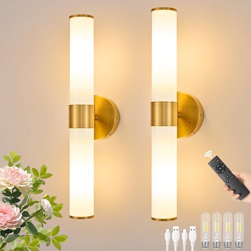 Gold Battery Operated Wall Sconces Set of 2 with White Glass Lamp Shade
