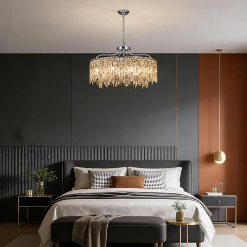 10 Lights Chrome Round Crystal Chandeliers for Dining Room 28"