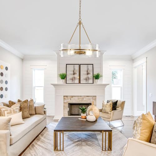 Modern Dining Room Chandelier 22” Gold Textured Glass Drum Chandelier