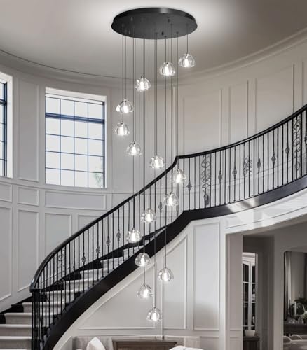 LED Glam Chandelier 118 inches Long Light Luxury Crystal Ceiling Chandeliers Remote Dimmable High Ceiling Pendants Lighting Fixtures Black 15 Lights