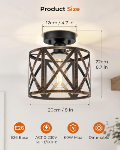 Farmhouse Semi Flush Mount Ceiling Light Fixture E26 Metal Cage Industrial Ceiling Lighting for Kitchen