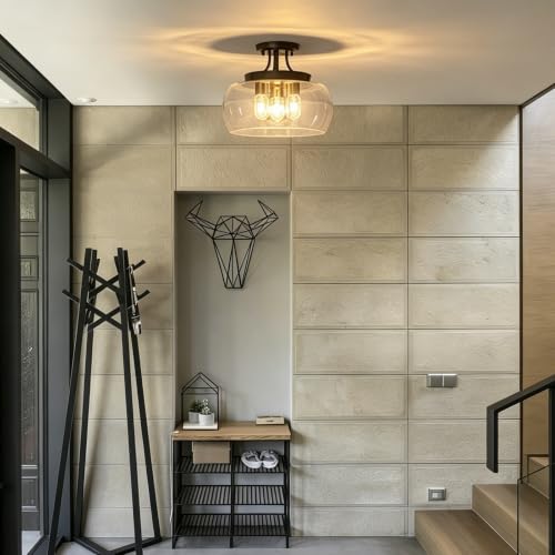 13.78" Black and Gold Semi Flush Mount Ceiling Light Fixture
