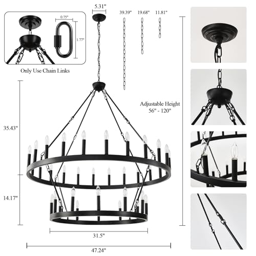 Yikrfiae 2 Tier Black Large Wagon Wheel Chandelier