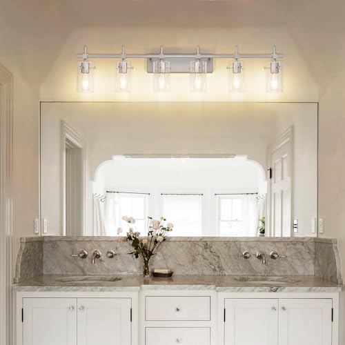 49.2 inch 6 Lights Vanity Light fixtures for Bathroom Vintage Bathroom Light Fixture Brushed Nickel Light Fixtures Above Mirror with Glass Shade