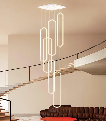 6 Rings Modern Chandelier White Large Contemporary LED Dimmable Light for Living Room Entrance High Ceiling Chandeliers with Remote Control for Villa Foyer