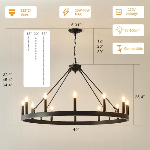 40 Inch Black Wagon Wheel Chandelier