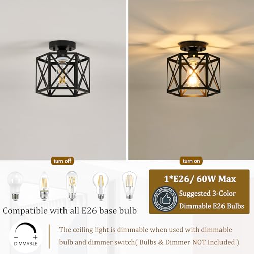 Black Modern Farmhouse Metal Semi Flush Mount Ceiling Light Fixture 9.5 in