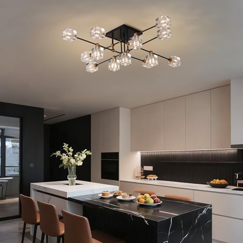 13 Light Crystal Ceiling Light Fixture Semi Flush Mount Ceiling Light Fixture Modern Black and Gold Sputnik Chandeliers for Dining Room Living Room Kitchen Island Hallway Bedroom