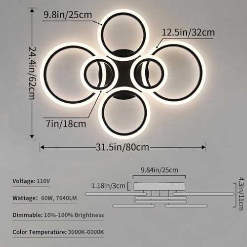 6 Rings Black Modern LED Ceiling Light Fixture