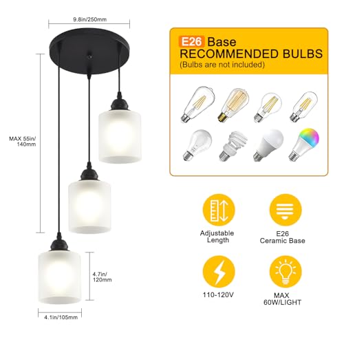 3 Lights Industrial Pendant Light with Glass Shade Matte Black Pendant Lighting Adjustable Industrial Retro Style Hanging Light (3 Count)