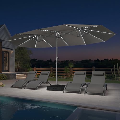 Patio Umbrella 15ft with Base and Solar Lights Outdoor