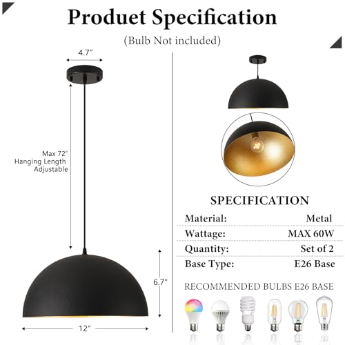 12" Black and Gold Farmhouse Pendant Light Fixtures