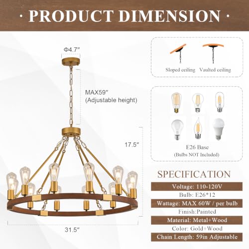 Gold Wooden Wagon Wheel Chandelier 12
