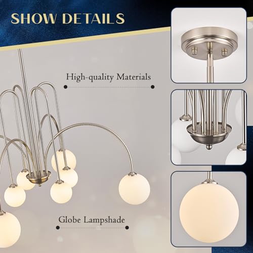 Nickel Sputnik Chandelier with Milk Glass Globe 8 Lights L41 Inch