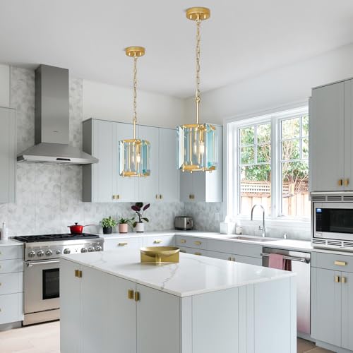 Gold Modern Crystal Chandeliers Rectangle Farmhouse Pendant Light Semi Flush Mount Ceiling Light Fixture for Bedroom Dining Room Kitchen Island Living Room Foyer Hallway