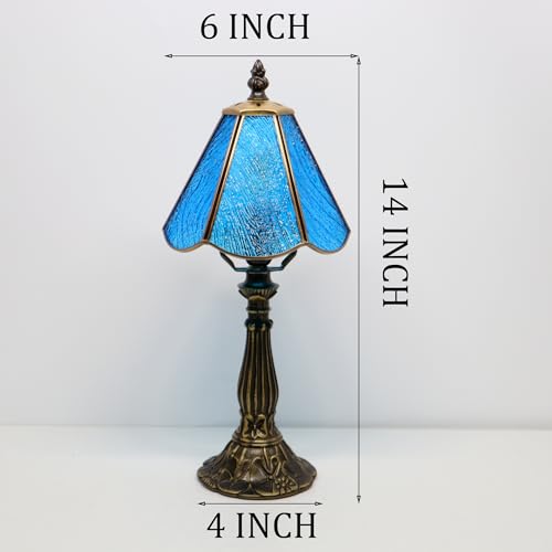 Small Tiffany Table Lamp Yellow Rippled Stained Glass Desk Lamps 6X6X14 Inch Bronze Resin Base Antique Mini Accent Light