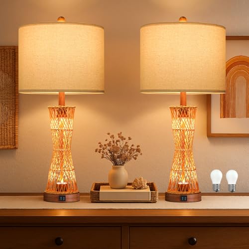 27" Table Lamps Set of 2 with Rattan & Dual Lights (2 Count)