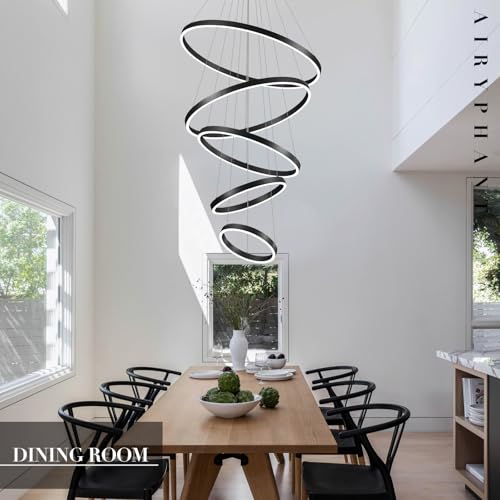 5 Ring Chandelier Black Modern LED Chandeliers High Ceiling 31" Large Foyer Chandelier Entryway Dimmable Pendant Light Fixture for Living Room Staircase