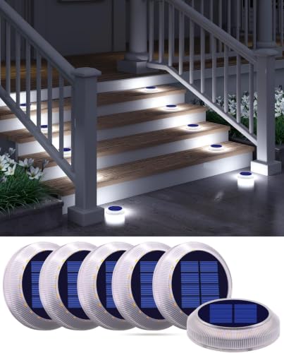 Solar Discs Lights Outdoor IP68 Waterproof 6 Pack White Round (6 Count)
