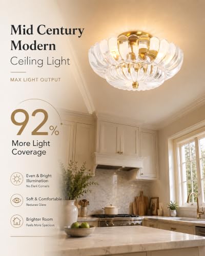 Semi Flush Mount Ceiling Light Fixture 14" Vinatge Gold Ceiling Lights Mid Century Modern Clear Glass Close to Ceiling Lighting Fixtures for Bedroom Hallway Kitchen Laundry Room Bathroom