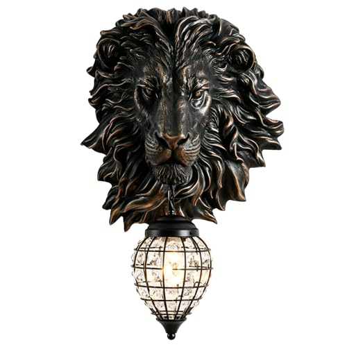 Retro Mid Century Modern Wall Sconces with Clear Crystal Shade Lion Head Decor 17.7" Large Black Wall Lights Fixtures for Living Room Bedroom Bedside Stairs Bathroom