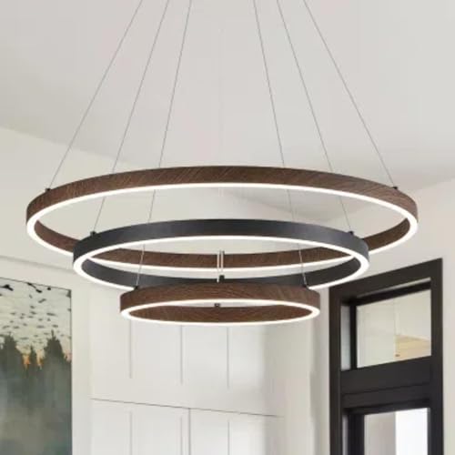 LED 3 Ring Chandelier Dining Room Modern Black Walnut Chandeliers Dimmable