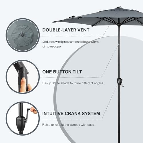 7.5FT Lyon Outdoor Patio Umbrella Outdoor Table Umbrella with Push Button Tilt and Crank Market Umbrella 6 Sturdy Ribs UV Protection Waterproof for Garden Deck Backyard Pool Grey
